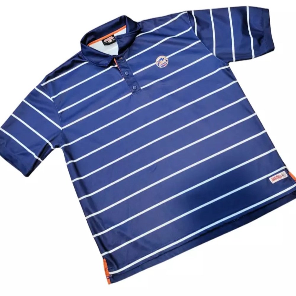 Stitches Blue and White Striped Polo Shirt with Mets baseball team logo men’s xl